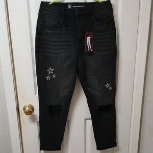 No Boundaries Black Star Embroidered Distressed Knee Cutout Jeans